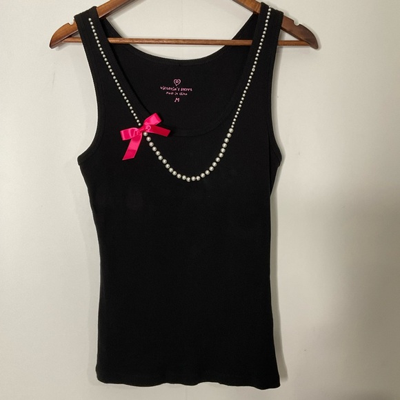 Victoria’s Secret PJ Set; Black Ribbed Tank Faux Pearls/Bow; Pink Circle Pants M - Picture 7 of 16